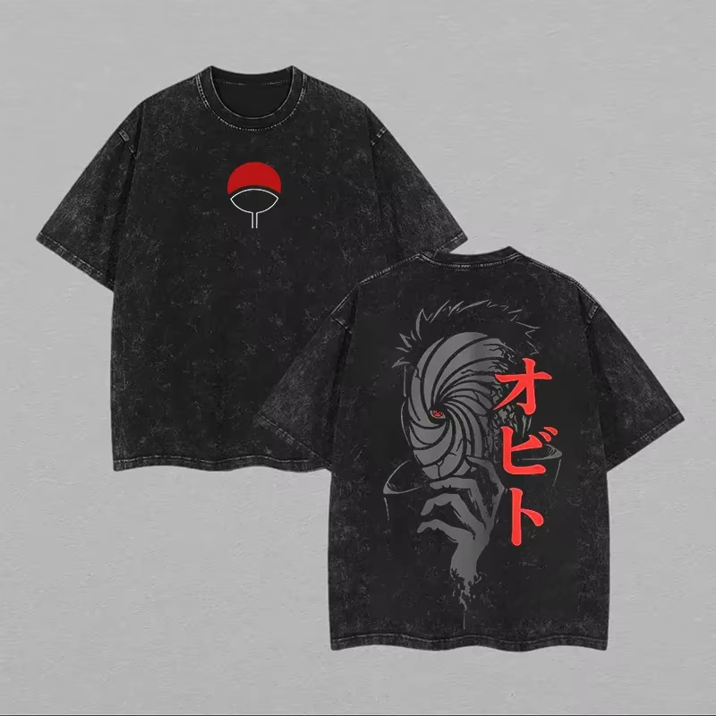 Acid Wash Vintage Graphic T Shirt - Maglietta da Uomo Naruto Obito Uchiha