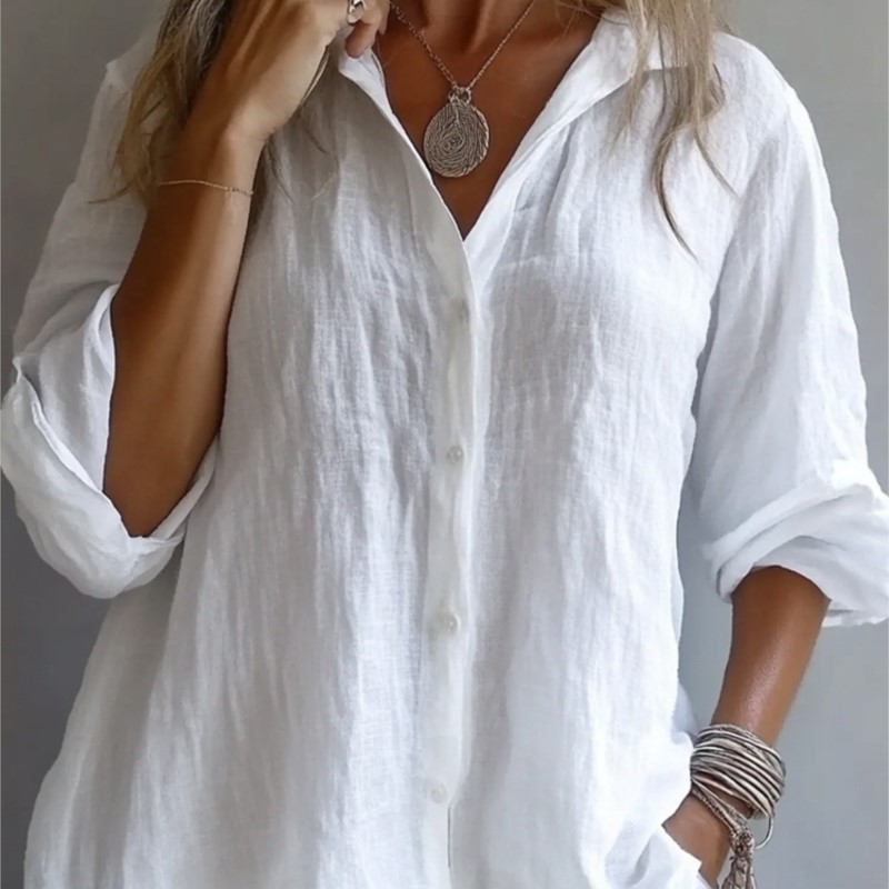 Mens Linen Shirt Long Sleeve - Lino di colore solido Sexy scollo