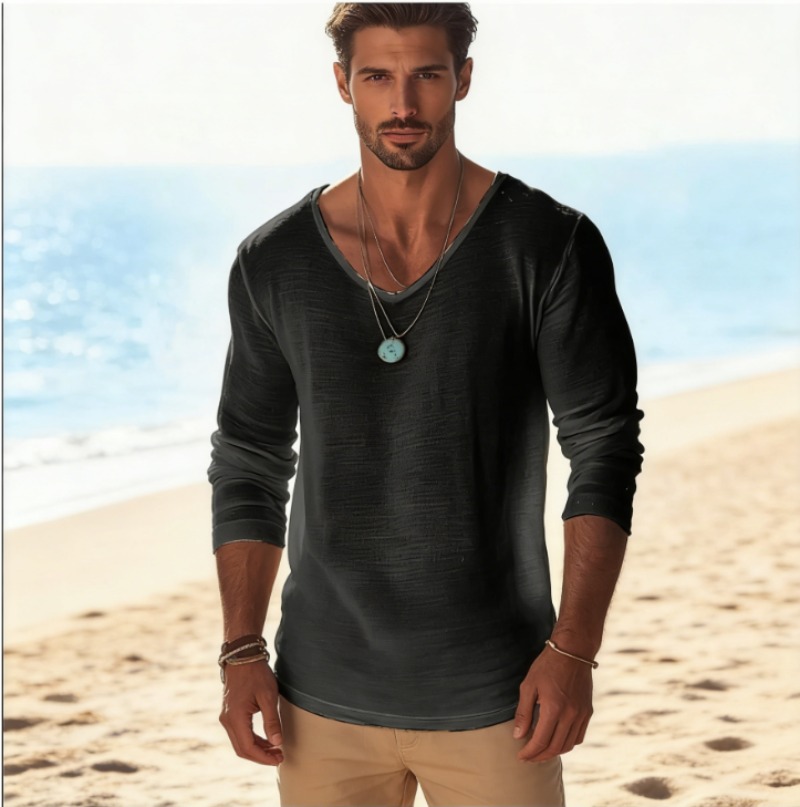 Mens Linen Shirt Long Sleeve - Maglietta Casual da Uomo a Maniche