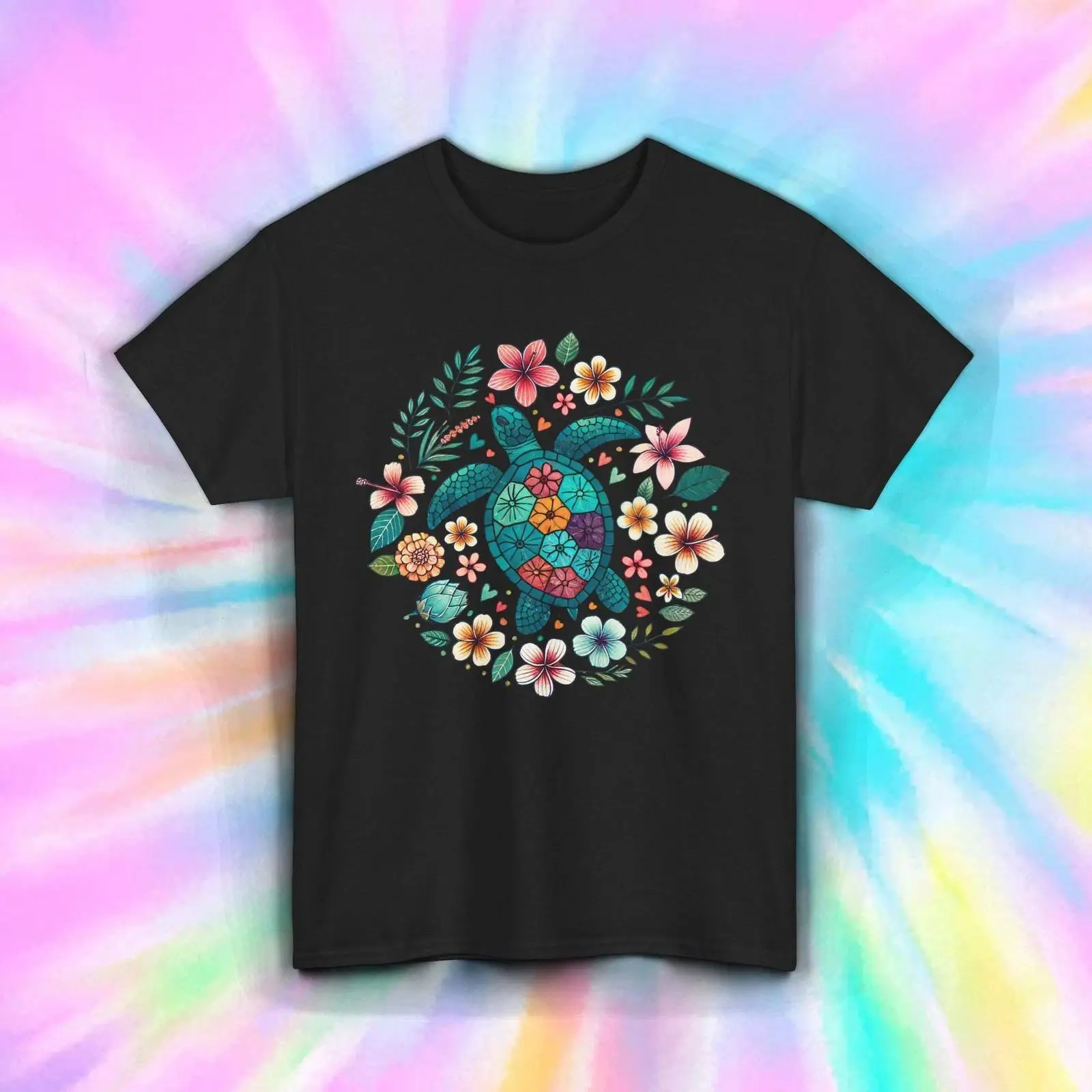 Vintage Hawaiian Floral Shirt - T-shirt Floreale con Tartaruga Mandala Boho