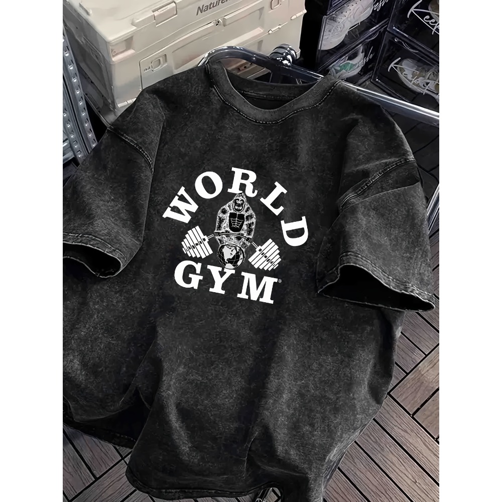 Acid Wash Vintage Graphic T Shirt - T-Shirt World Gym Gorilla Lifting Weights,