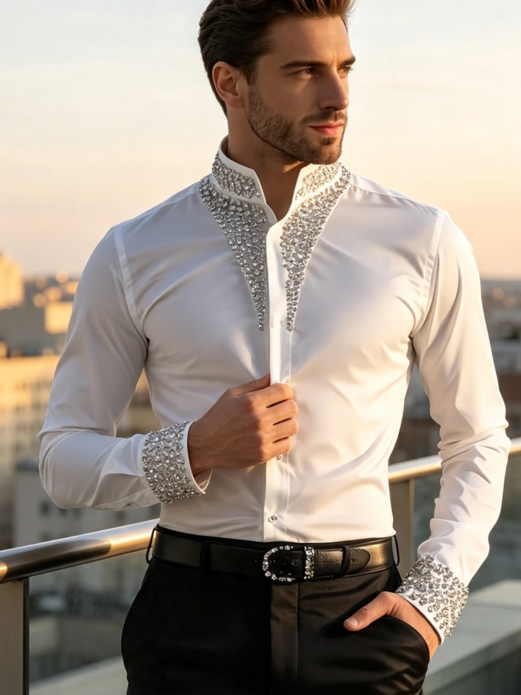 Camicia Casual da Uomo per Aff - Mandarin Collar Formal Shirt Slim Fit recensione e prezzo
